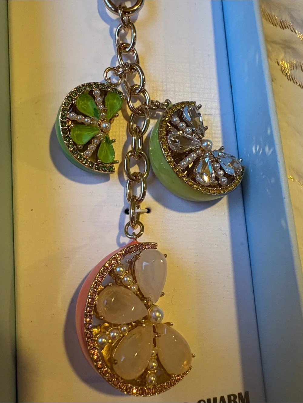 BNWT PIPER K Pink and Green Glass Stone Lemon Limes Key Chain Bag Charm